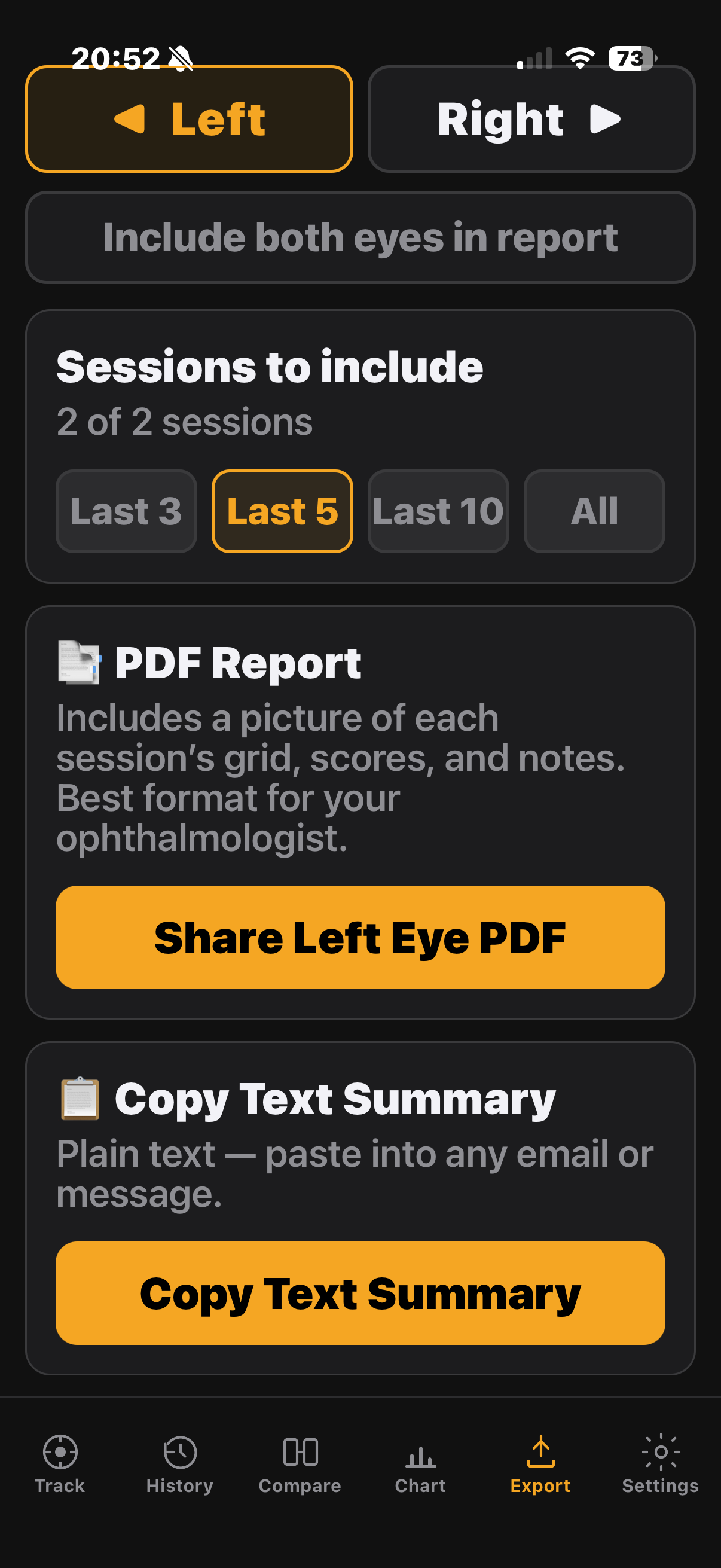 Fovcus export screen — share PDF report or text summary