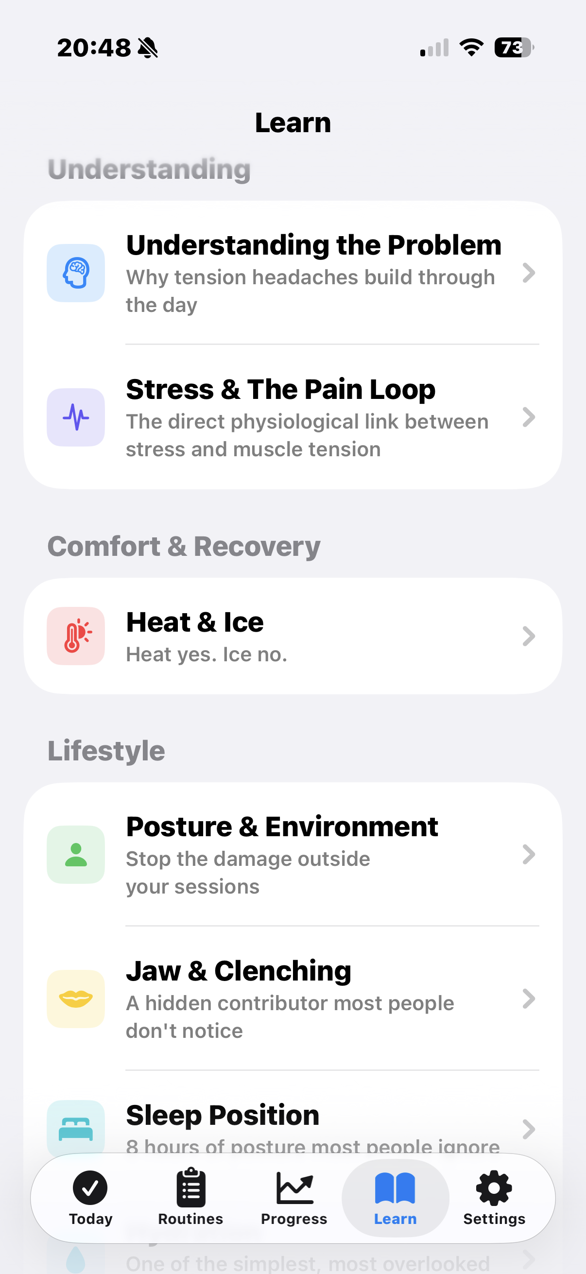 Tensio Learn screen — Understanding the Problem, Stress and the Pain Loop, Heat and Ice, Posture and Environment