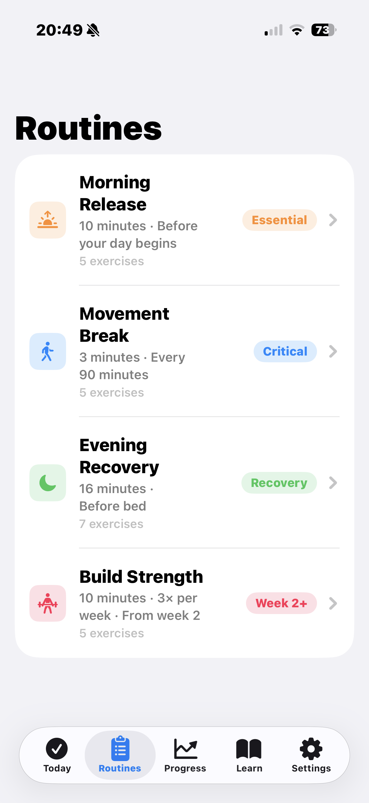 Tensio routines — Morning Release, Movement Break, Evening Recovery and Build Strength listed with durations and labels