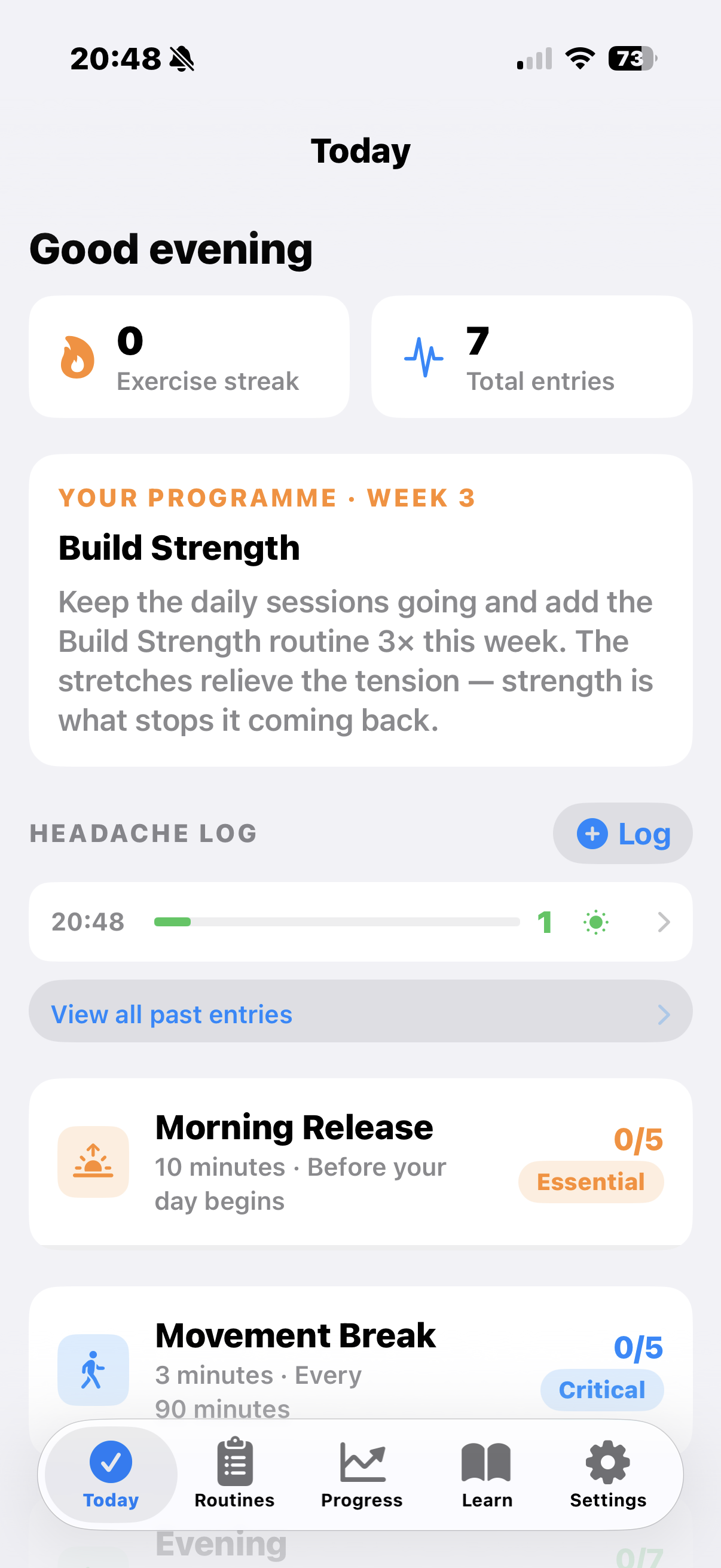 Tensio Today screen — programme Week 3, headache log, Morning Release and Movement Break routines