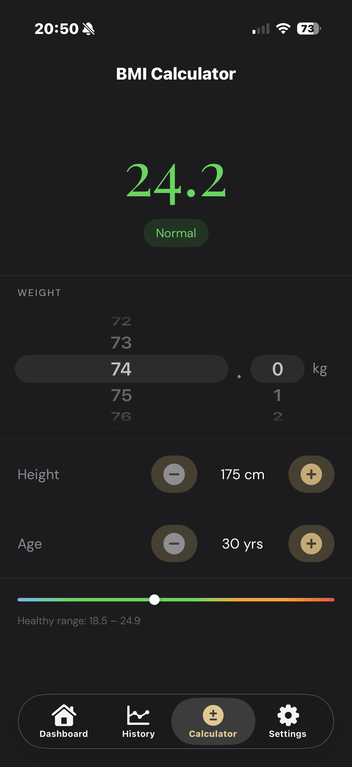 Fovcus Vitál BMI calculator showing 24.2 Normal with a colour range slider