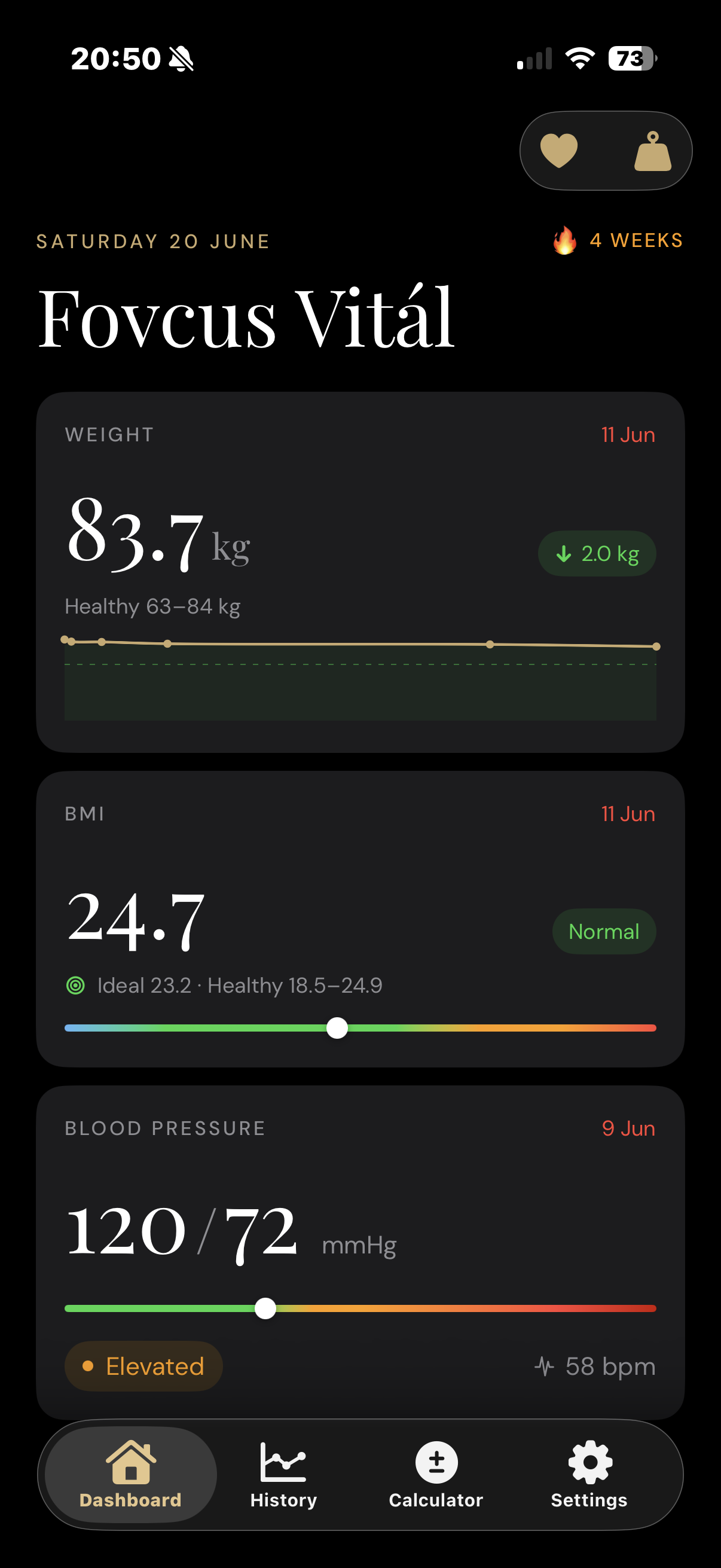 Fovcus Vitál dashboard showing weight 83.7kg, BMI 24.7 Normal, and blood pressure 120/72